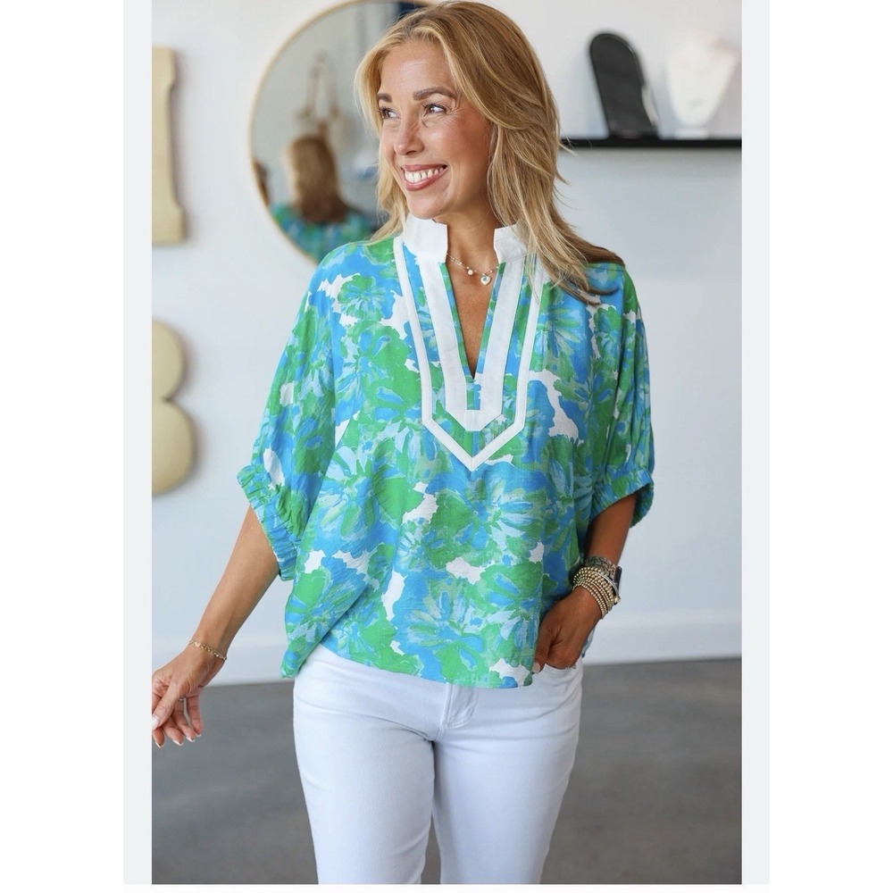 Entro Floral Dolman Sleeve Women M Coastal Blue Green White V-Neck Summer Blouse